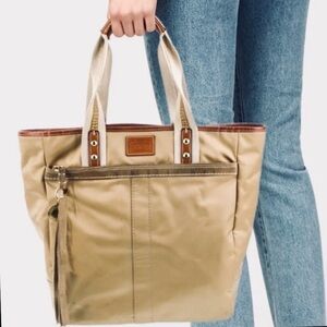 COACH TOTE BAG Gold Handbag Satin Canvas  Leather Handles Zip Neutral FAST SHIP